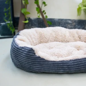 Blue Corduroy Pet Bed with Plush Fur Interior
